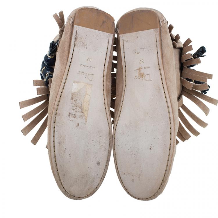 Pre Owned Dior Beige Suede Fringe Booties Size 37