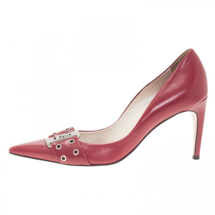Pre Owned Dior Red Leather Buckle Detail Pointed Toe Pumps Size 37.5