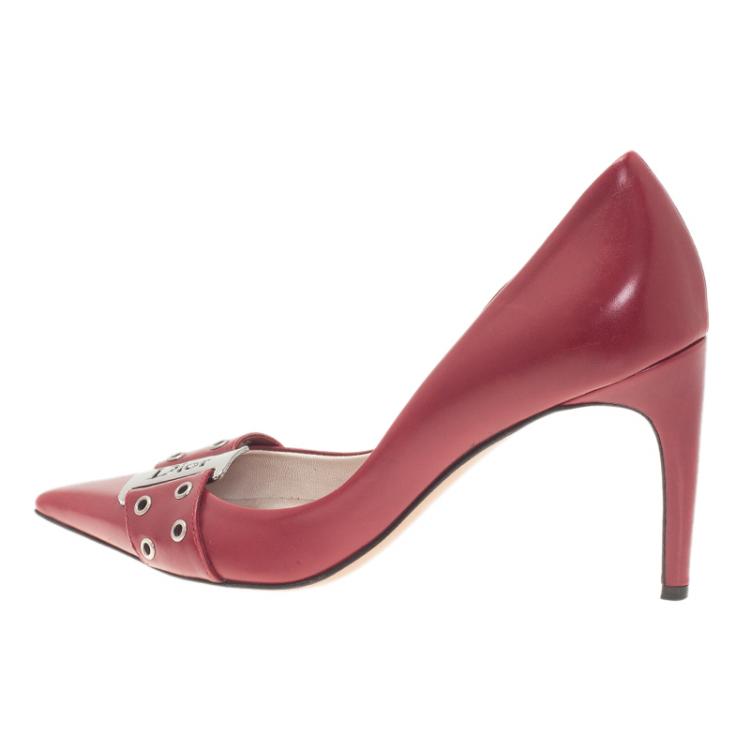 Pre Owned Dior Red Leather Buckle Detail Pointed Toe Pumps Size 37.5