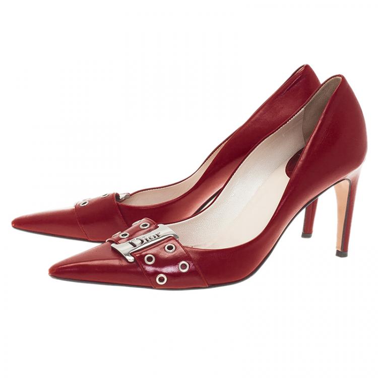 Pre Owned Dior Red Leather Buckle Detail Pointed Toe Pumps Size 37.5