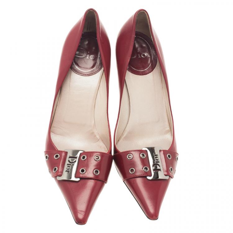 Pre Owned Dior Red Leather Buckle Detail Pointed Toe Pumps Size 37.5