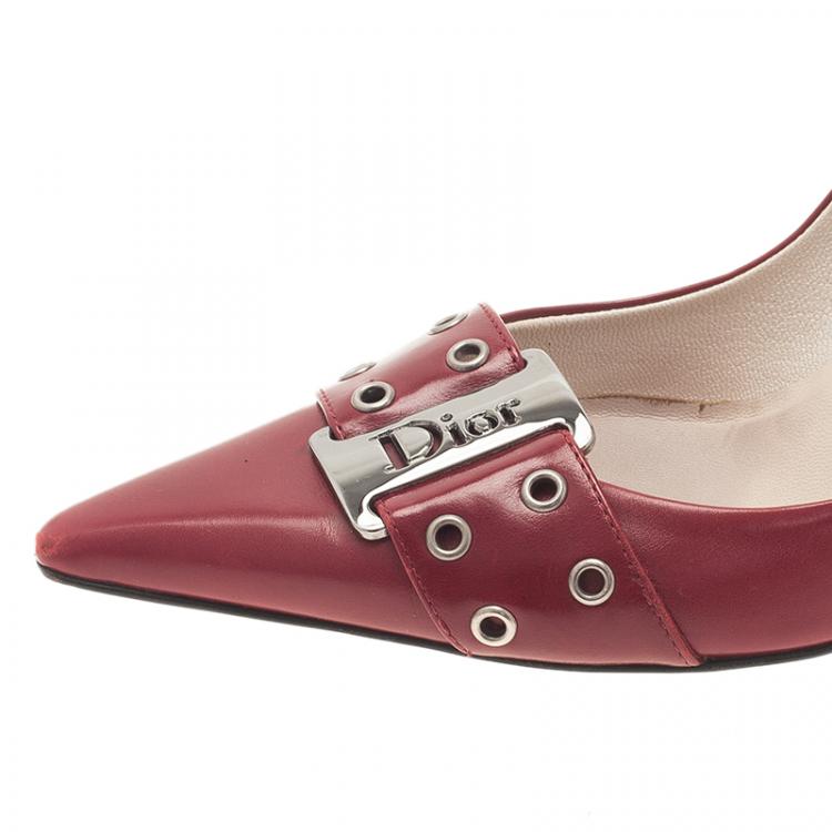 Pre Owned Dior Red Leather Buckle Detail Pointed Toe Pumps Size 37.5