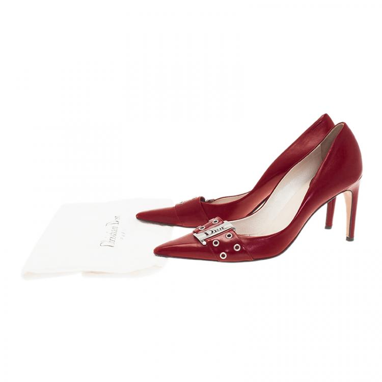 Pre Owned Dior Red Leather Buckle Detail Pointed Toe Pumps Size 37.5