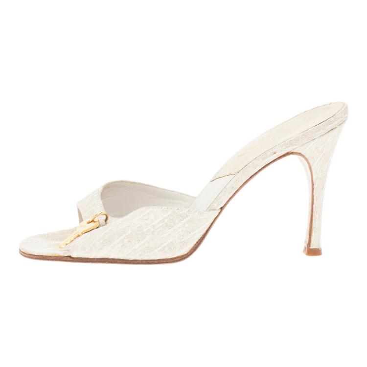 Pre Owned Dior Gold Monogram Leather and Canvas Key Detail Slides Size 38