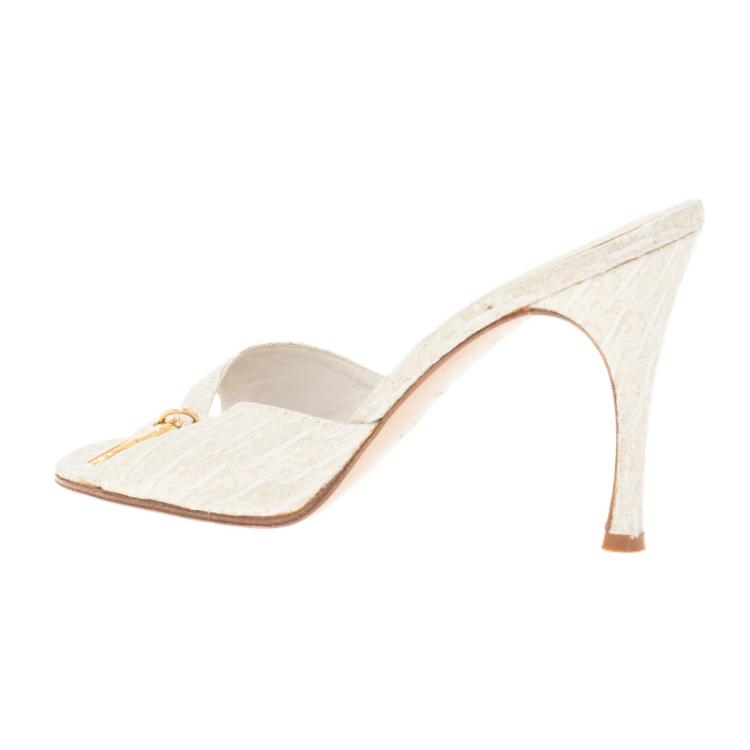 Pre Owned Dior Gold Monogram Leather and Canvas Key Detail Slides Size 38