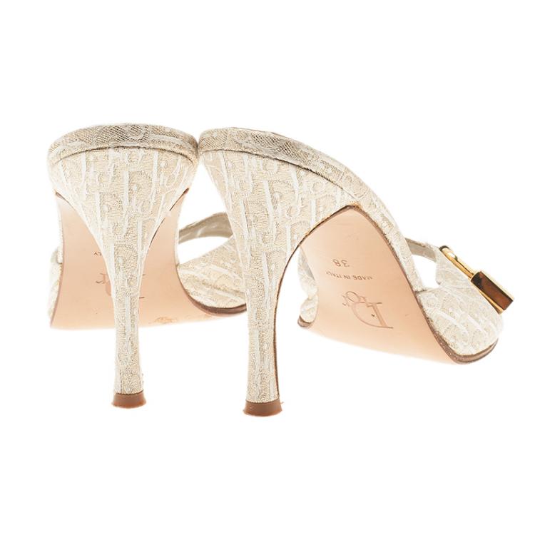 Pre Owned Dior Gold Monogram Leather and Canvas Key Detail Slides Size 38