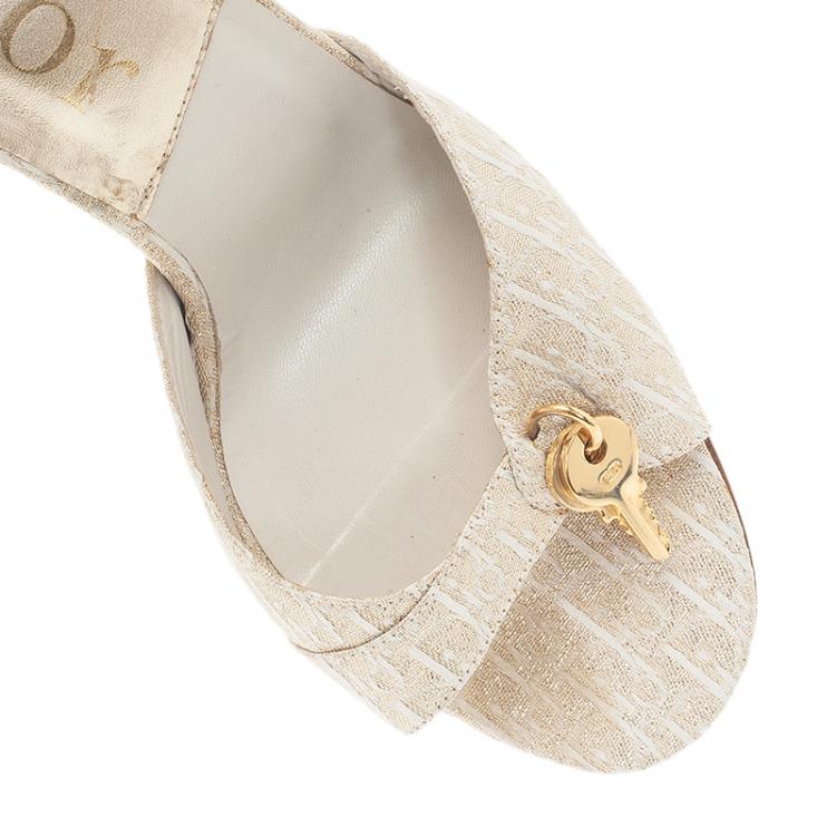 Pre Owned Dior Gold Monogram Leather and Canvas Key Detail Slides Size 38