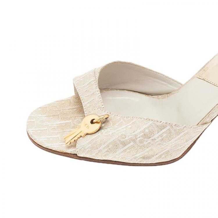 Pre Owned Dior Gold Monogram Leather and Canvas Key Detail Slides Size 38