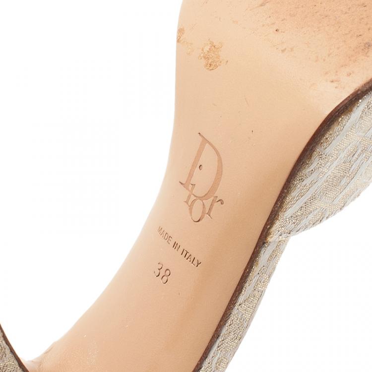 Pre Owned Dior Gold Monogram Leather and Canvas Key Detail Slides Size 38