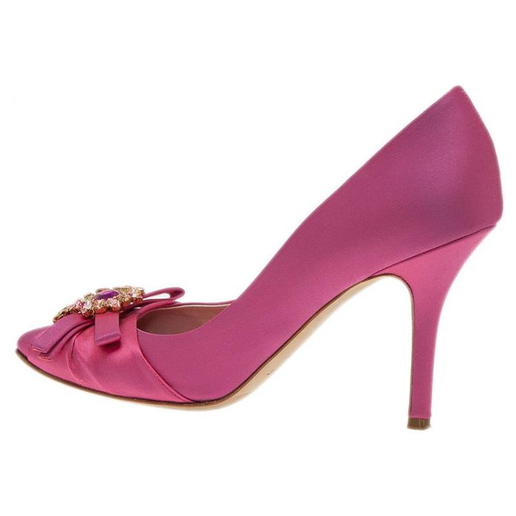 Pre Owned Dior Pink Satin Stone Embellished Bow Detail Peep Toe Pumps Size 39