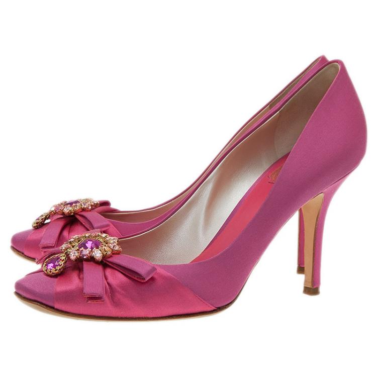 Pre Owned Dior Pink Satin Stone Embellished Bow Detail Peep Toe Pumps Size 39