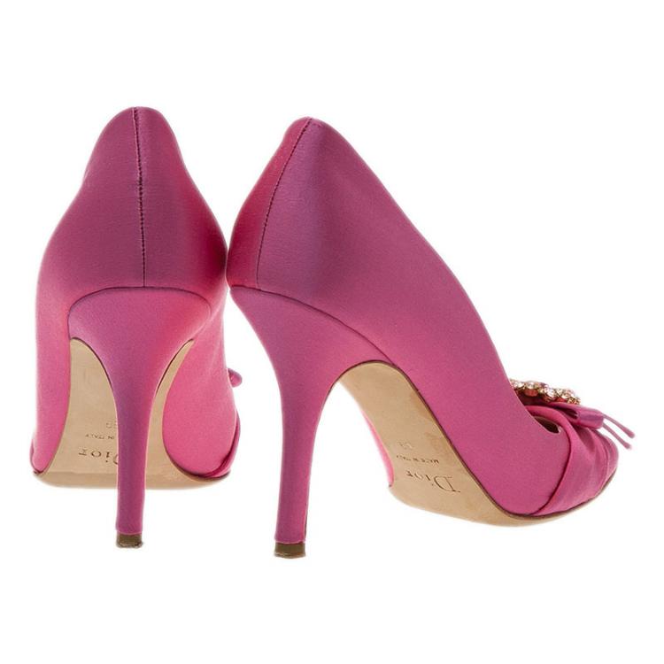 Pre Owned Dior Pink Satin Stone Embellished Bow Detail Peep Toe Pumps Size 39