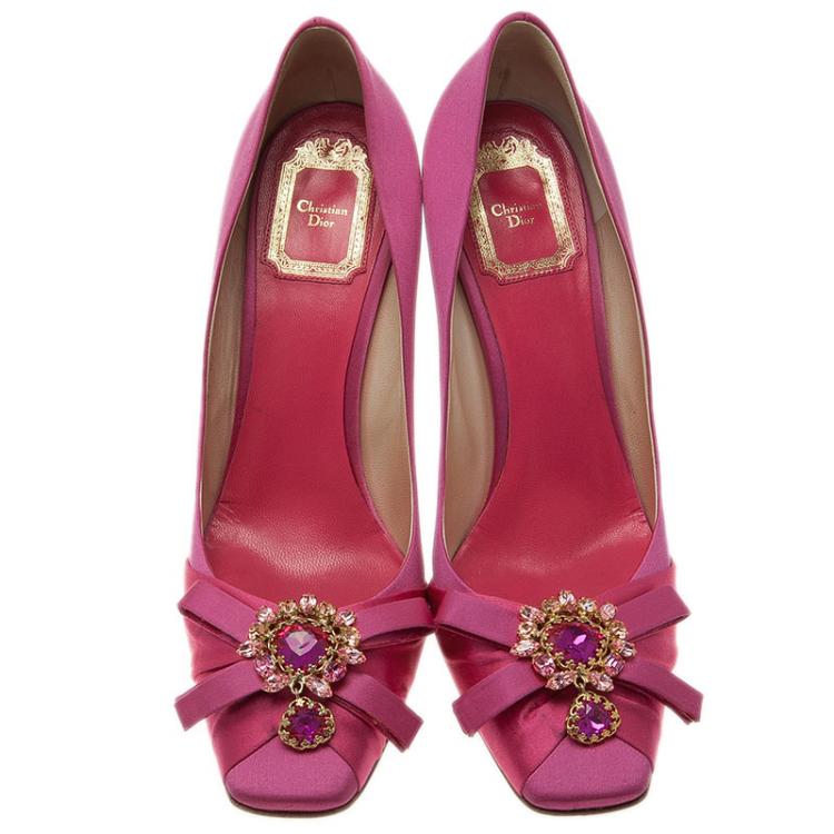 Pre Owned Dior Pink Satin Stone Embellished Bow Detail Peep Toe Pumps Size 39