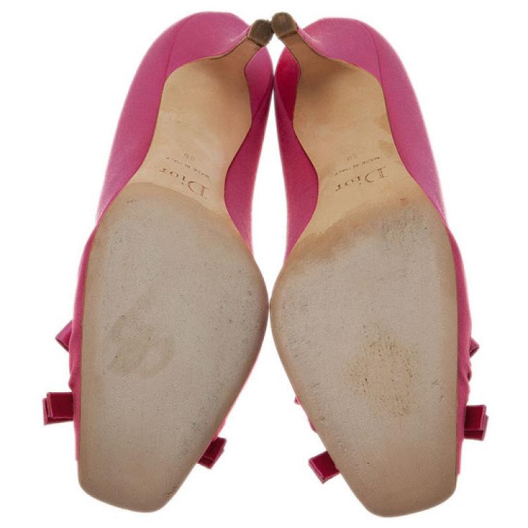 Pre Owned Dior Pink Satin Stone Embellished Bow Detail Peep Toe Pumps Size 39