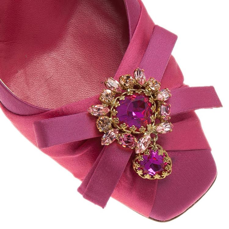 Pre Owned Dior Pink Satin Stone Embellished Bow Detail Peep Toe Pumps Size 39