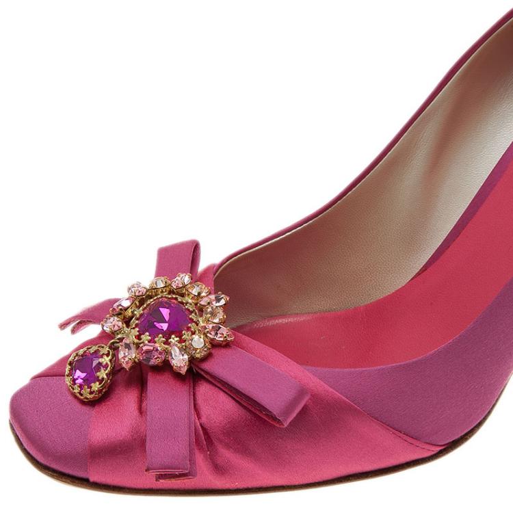 Pre Owned Dior Pink Satin Stone Embellished Bow Detail Peep Toe Pumps Size 39