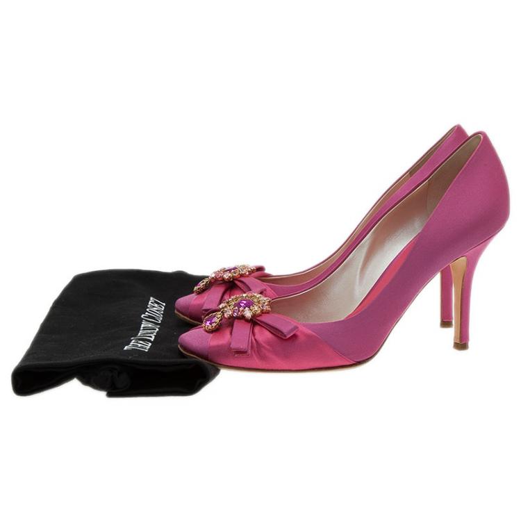 Pre Owned Dior Pink Satin Stone Embellished Bow Detail Peep Toe Pumps Size 39