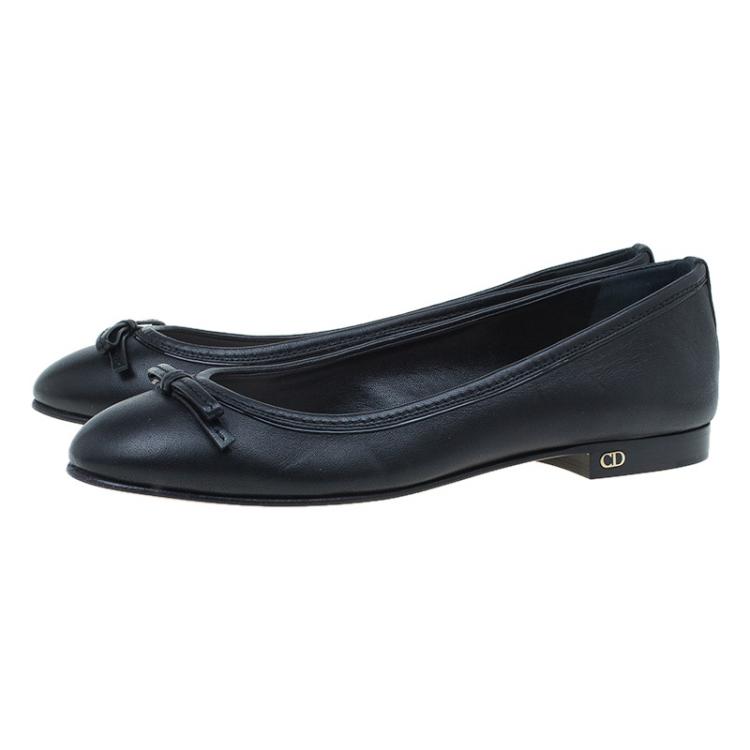 Pre Owned Dior Black Leather Bow Ballet Flats Size 36