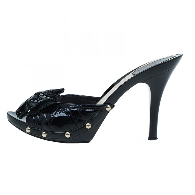 Pre Owned Dior Black Cannage Patent Bow Slides Size 38
