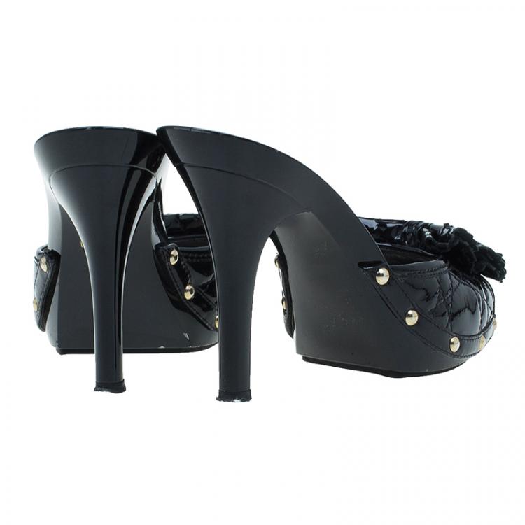 Pre Owned Dior Black Cannage Patent Bow Slides Size 38