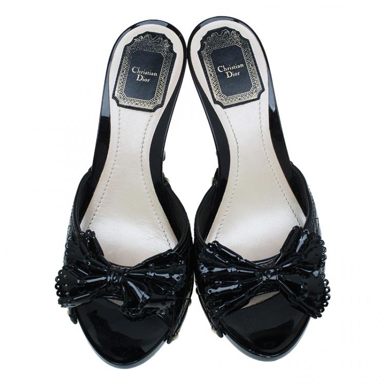 Pre Owned Dior Black Cannage Patent Bow Slides Size 38