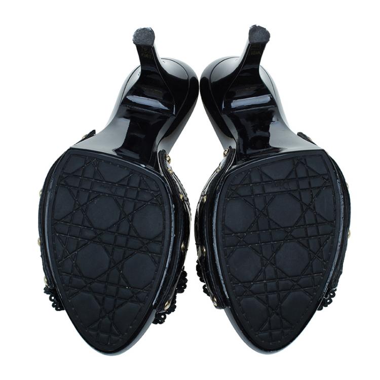 Pre Owned Dior Black Cannage Patent Bow Slides Size 38