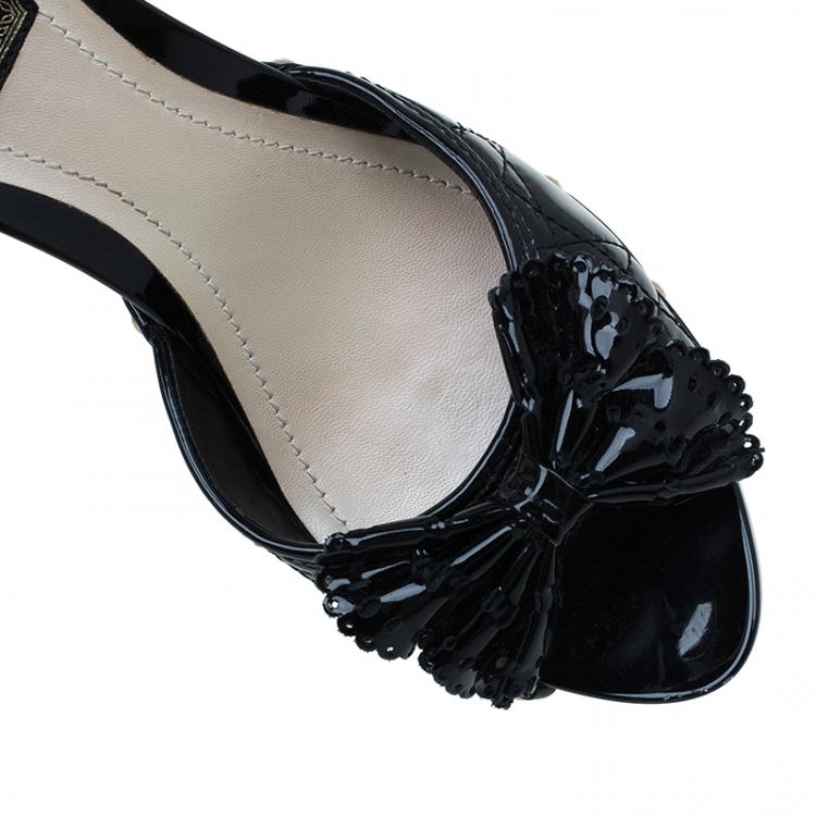 Pre Owned Dior Black Cannage Patent Bow Slides Size 38