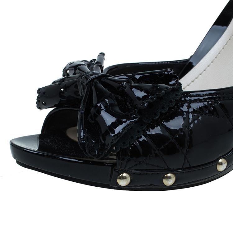 Pre Owned Dior Black Cannage Patent Bow Slides Size 38