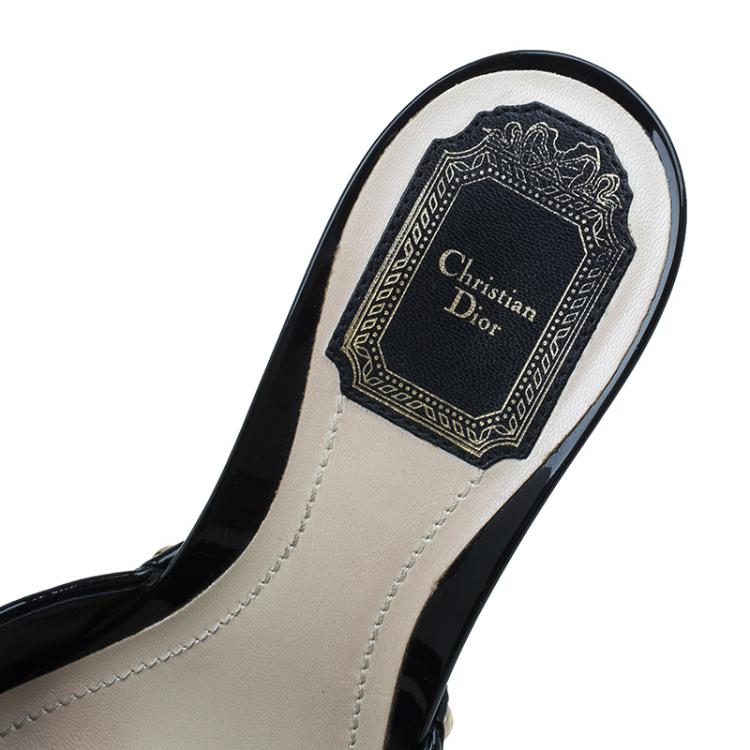 Pre Owned Dior Black Cannage Patent Bow Slides Size 38