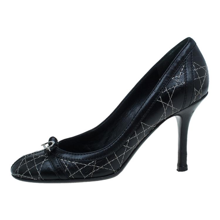 Pre Owned Dior Black Cannage Stitched Bow Pumps Size 38