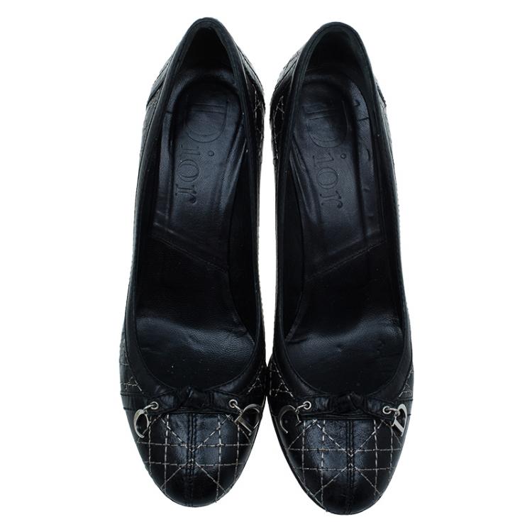 Pre Owned Dior Black Cannage Stitched Bow Pumps Size 38