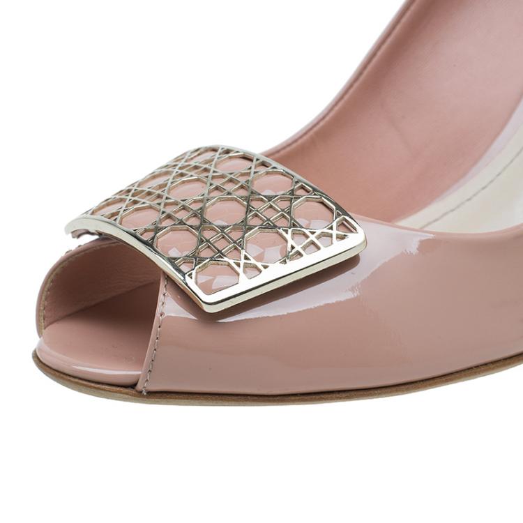 Pre Owned Dior Pink Patent Metal Cannage Detail Peep Toe Pumps Size 41