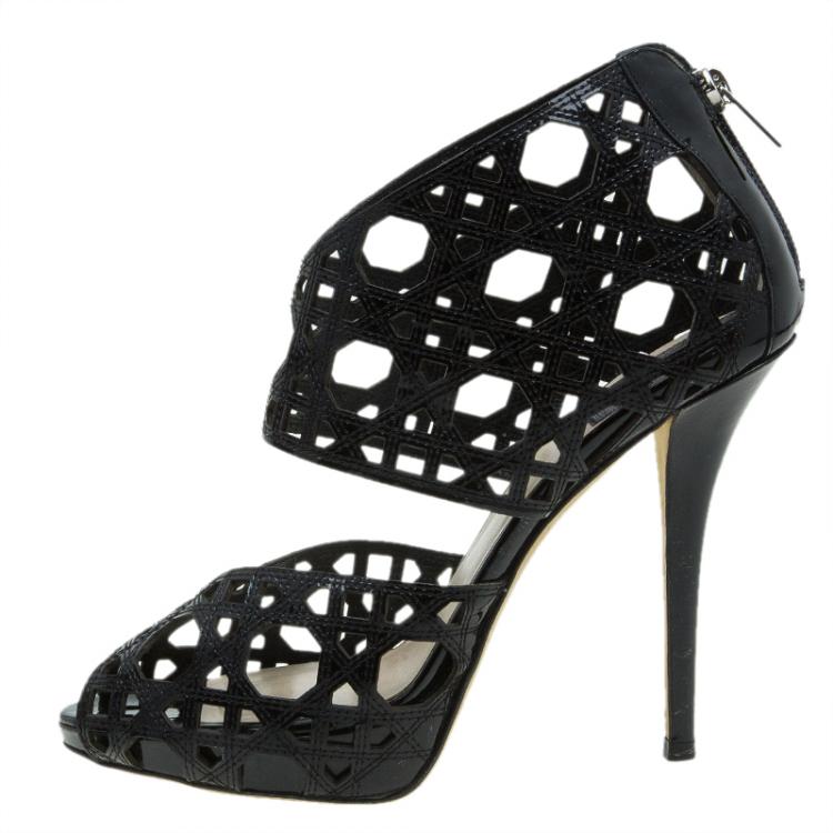 Pre Owned Dior Miss Dior Black Patent Cutout Caged Sandals Size 38.5