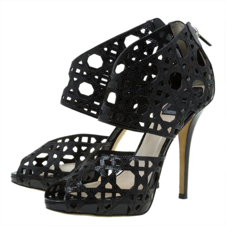 Pre Owned Dior Miss Dior Black Patent Cutout Caged Sandals Size 38.5