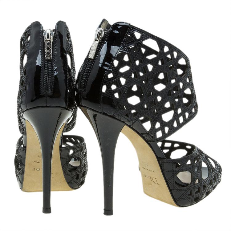 Pre Owned Dior Miss Dior Black Patent Cutout Caged Sandals Size 38.5