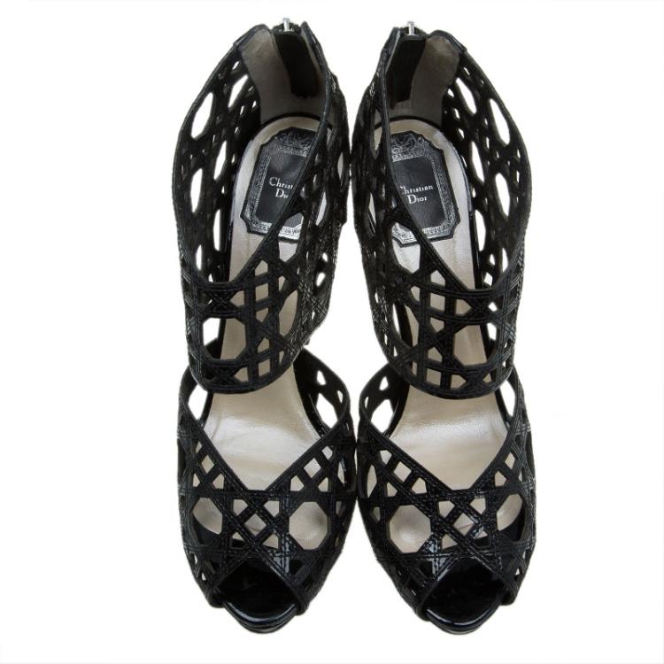 Pre Owned Dior Miss Dior Black Patent Cutout Caged Sandals Size 38.5