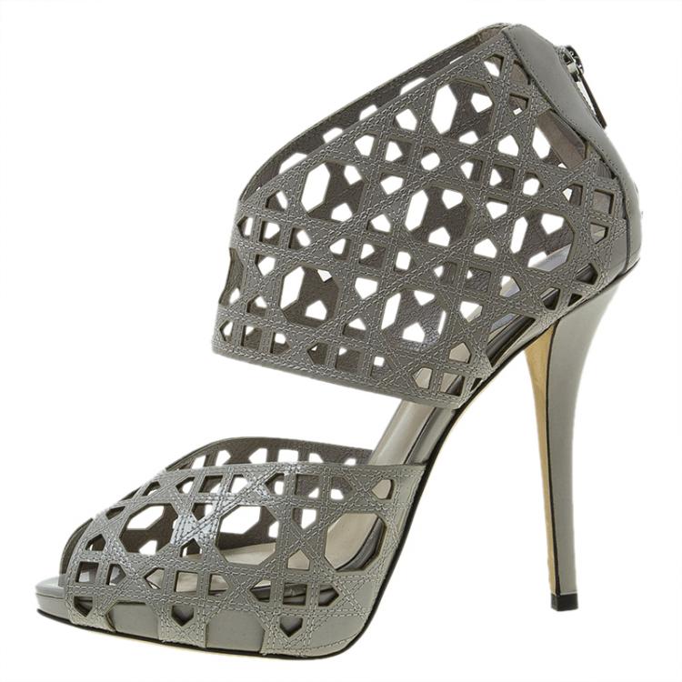Pre Owned Dior Miss Dior Grey Patent Cutout Caged Sandals Size 38.5