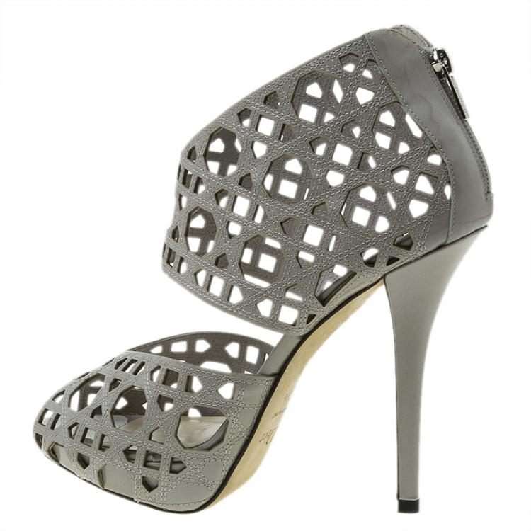 Pre Owned Dior Miss Dior Grey Patent Cutout Caged Sandals Size 38.5