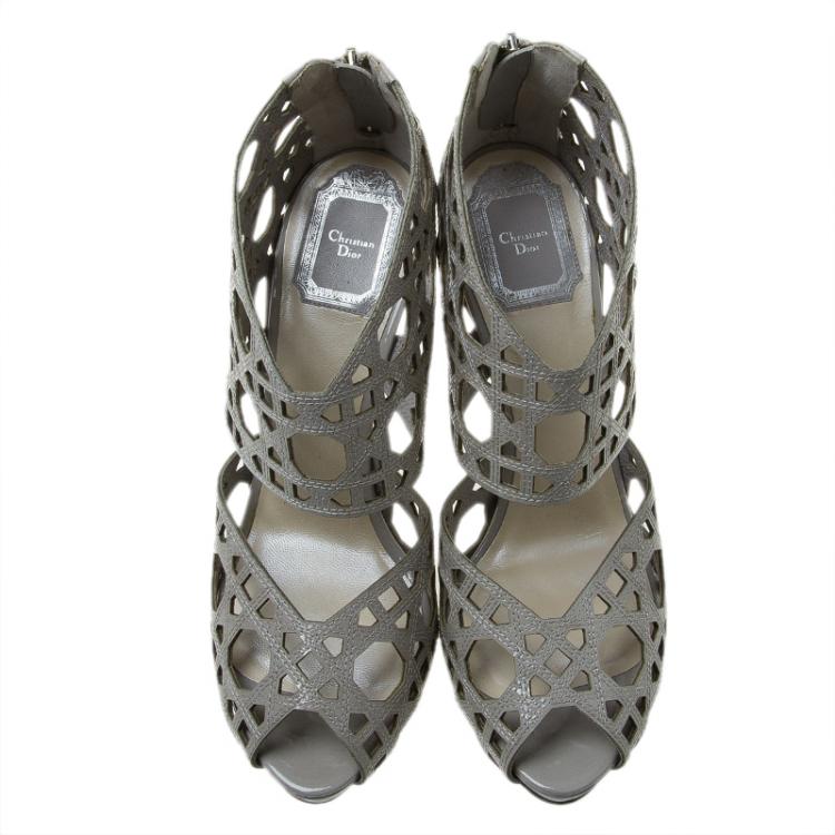 Pre Owned Dior Miss Dior Grey Patent Cutout Caged Sandals Size 38.5