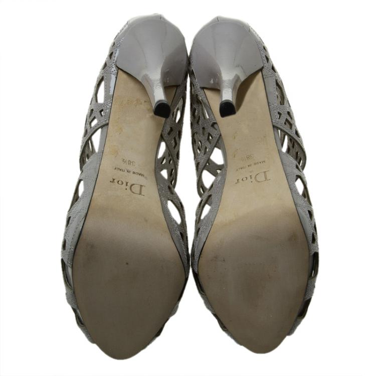 Pre Owned Dior Miss Dior Grey Patent Cutout Caged Sandals Size 38.5