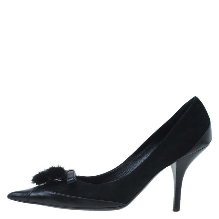 Pre Owned Dior Black Leather and Suede Pom Pom Detail Pointed Toe Pumps Size 36