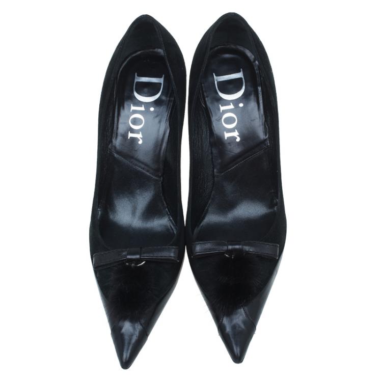 Pre Owned Dior Black Leather and Suede Pom Pom Detail Pointed Toe Pumps Size 36