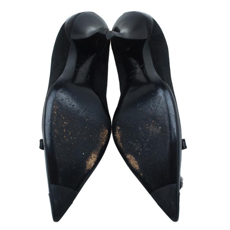 Pre Owned Dior Black Leather and Suede Pom Pom Detail Pointed Toe Pumps Size 36