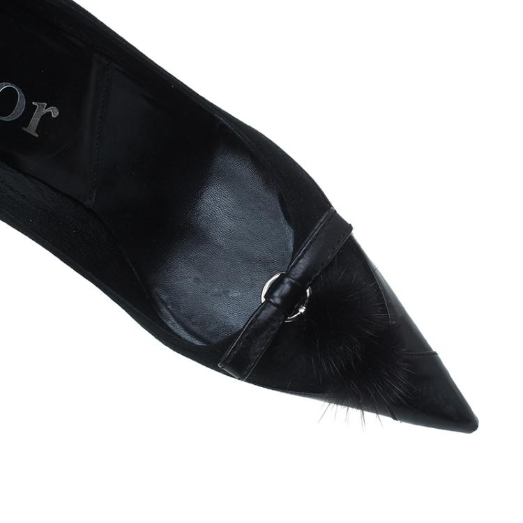 Pre Owned Dior Black Leather and Suede Pom Pom Detail Pointed Toe Pumps Size 36