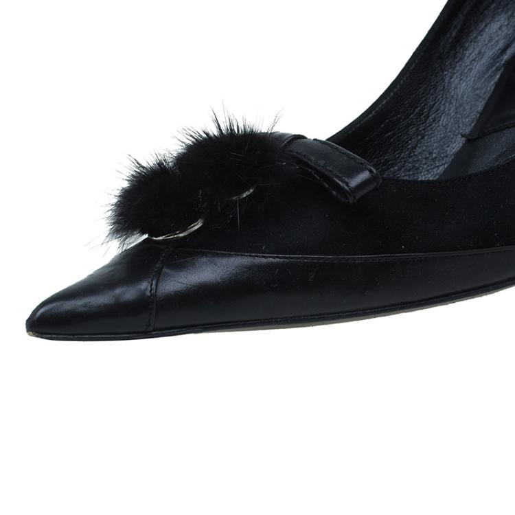 Pre Owned Dior Black Leather and Suede Pom Pom Detail Pointed Toe Pumps Size 36