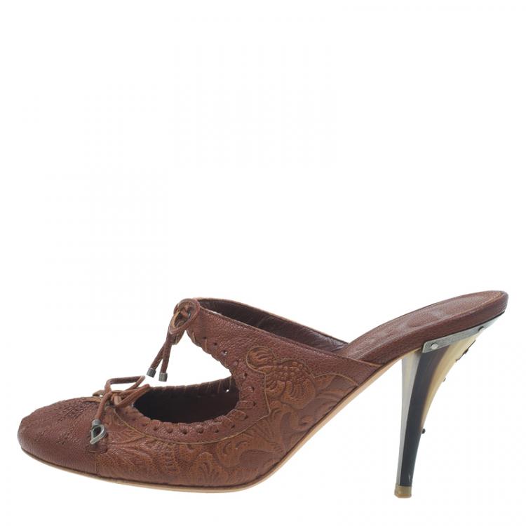 Pre Owned Dior Brown Leather Cutout Bow Detail Mules Size 36