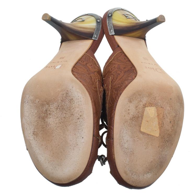 Pre Owned Dior Brown Leather Cutout Bow Detail Mules Size 36