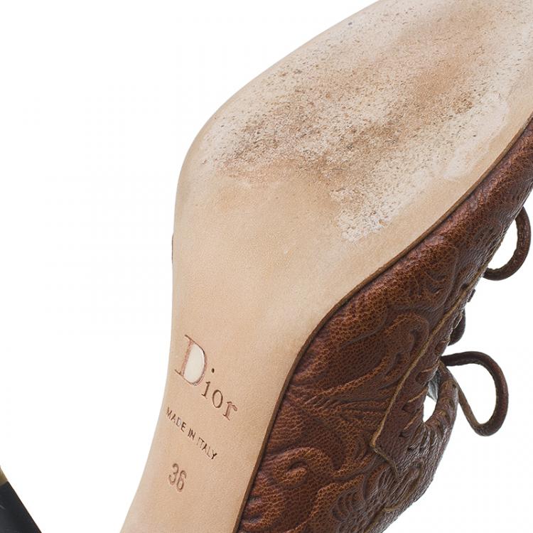 Pre Owned Dior Brown Leather Cutout Bow Detail Mules Size 36