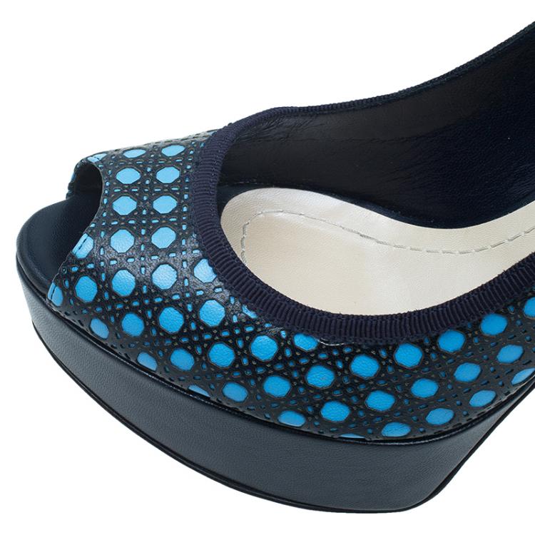 Pre Owned Dior Black and Blue Leather Contrast Cannage Peep Toe Platform Pumps Size 40