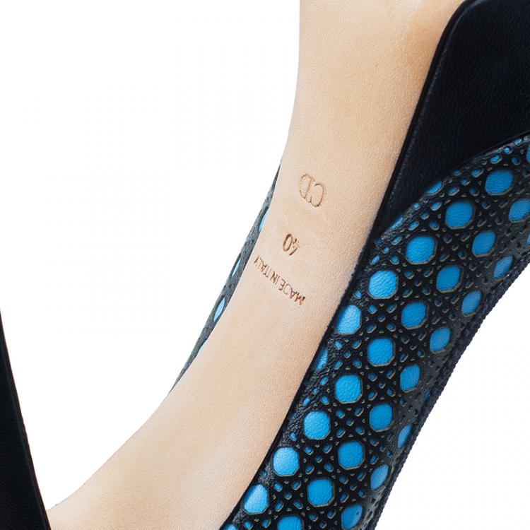 Pre Owned Dior Black and Blue Leather Contrast Cannage Peep Toe Platform Pumps Size 40